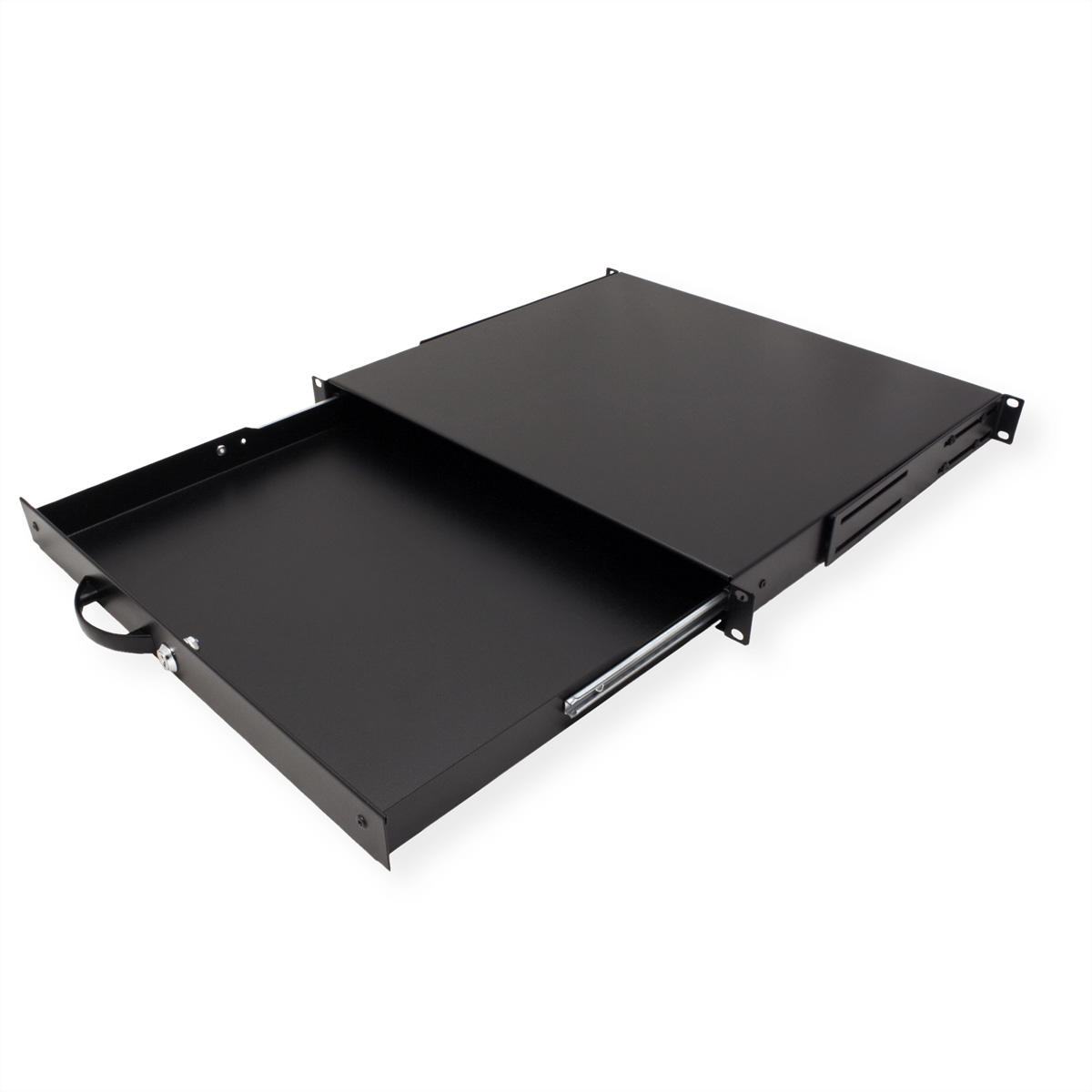 Cassetto rack in metallo nero, esteso, con maniglia e serratura, su sfondo bianco.