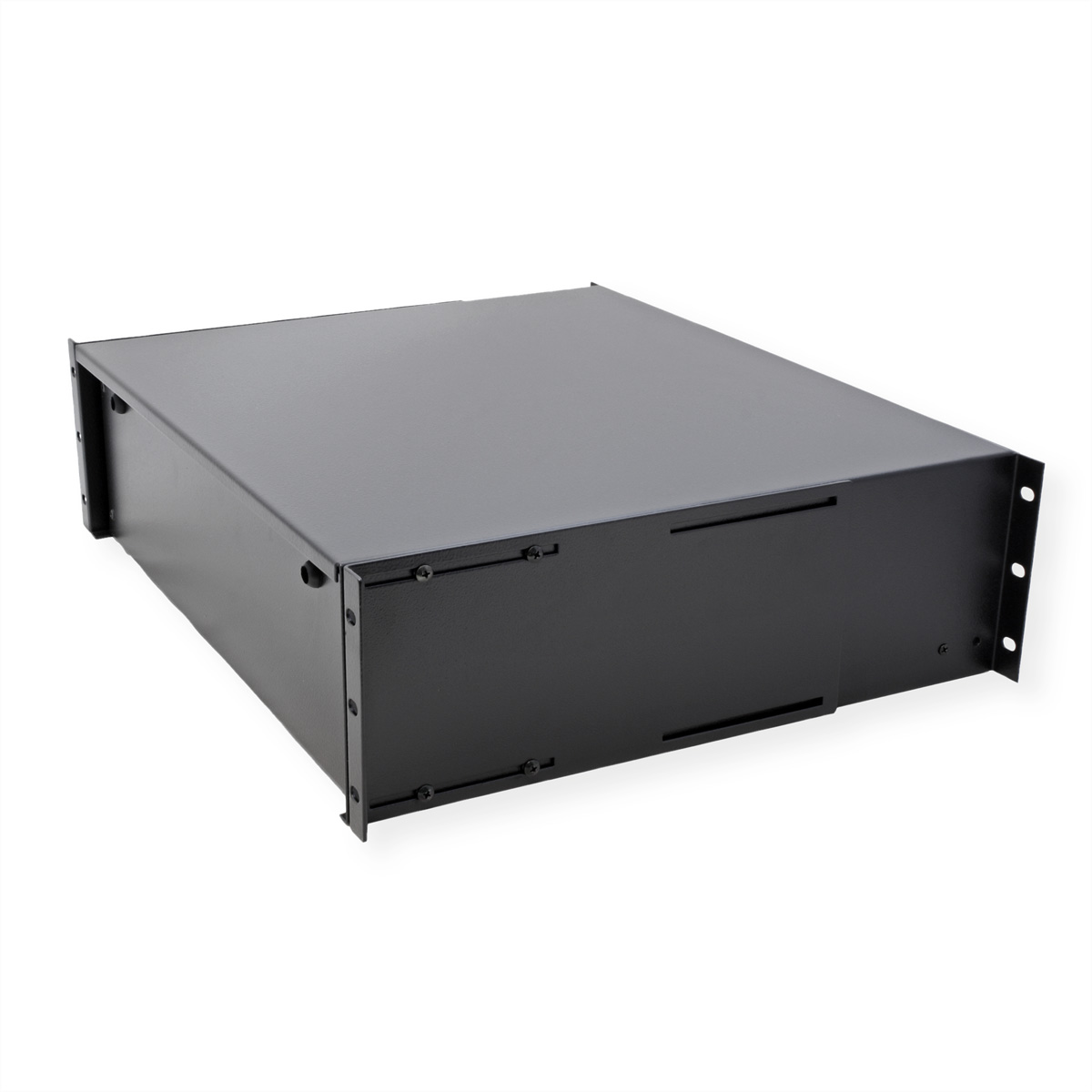 Cassa rack server nera. Rettangolare con fori di montaggio sui lati. Sfondo bianco.