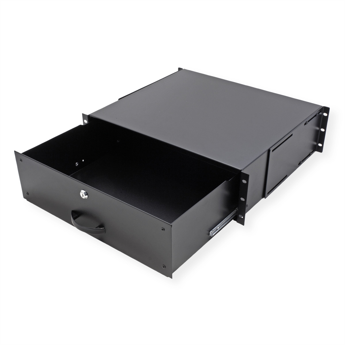 Cassetto server nero, parzialmente aperto, che rivela interno vuoto. Maniglia visibile. Sfondo bianco.