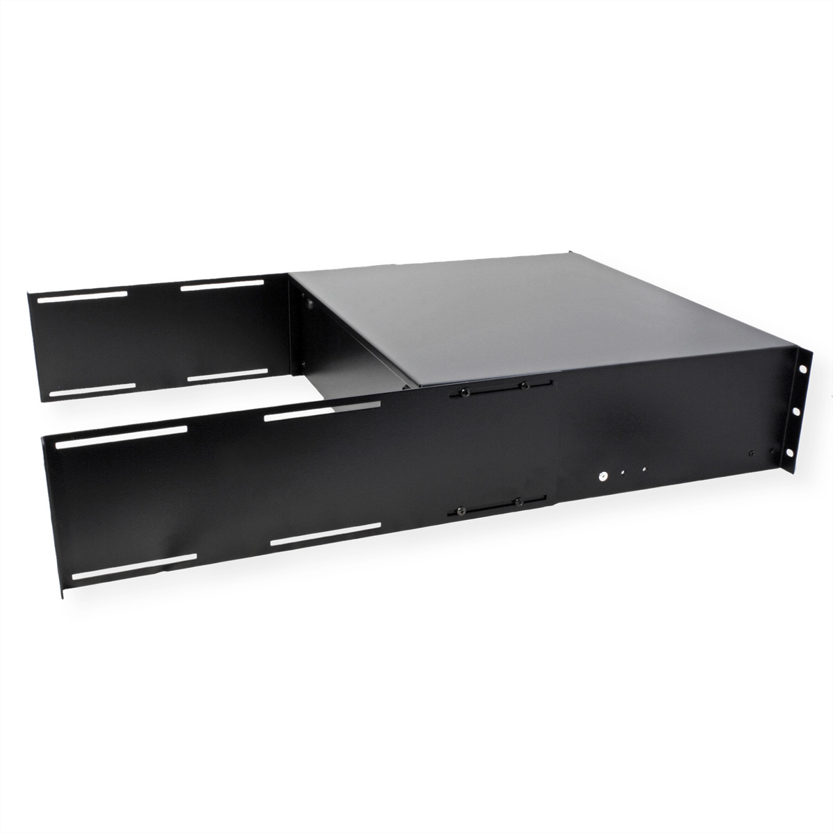 Un componente server in metallo nero con due guide per cassetti aperte, su una superficie bianca.