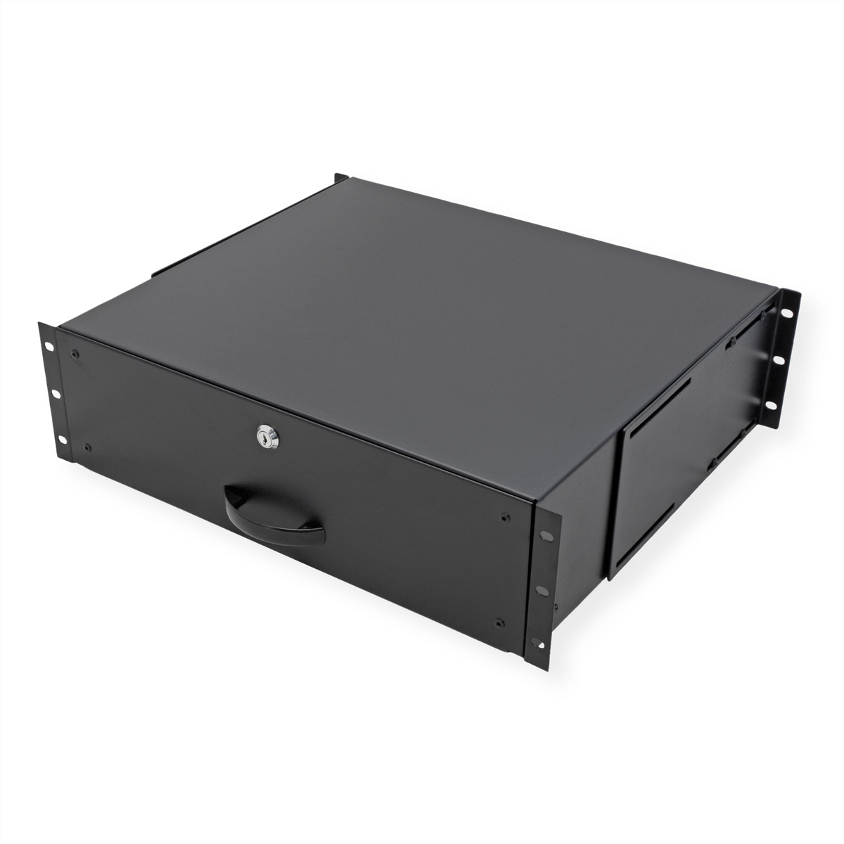 Un cassetto per server nero con maniglia e serratura, su sfondo bianco.