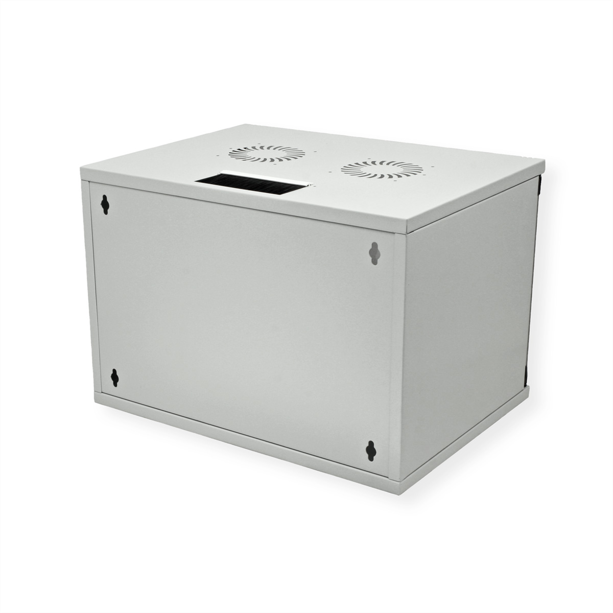 Involucro rack server grigio con prese d'aria in alto. Quattro fori per viti visibili davanti. Sfondo bianco.