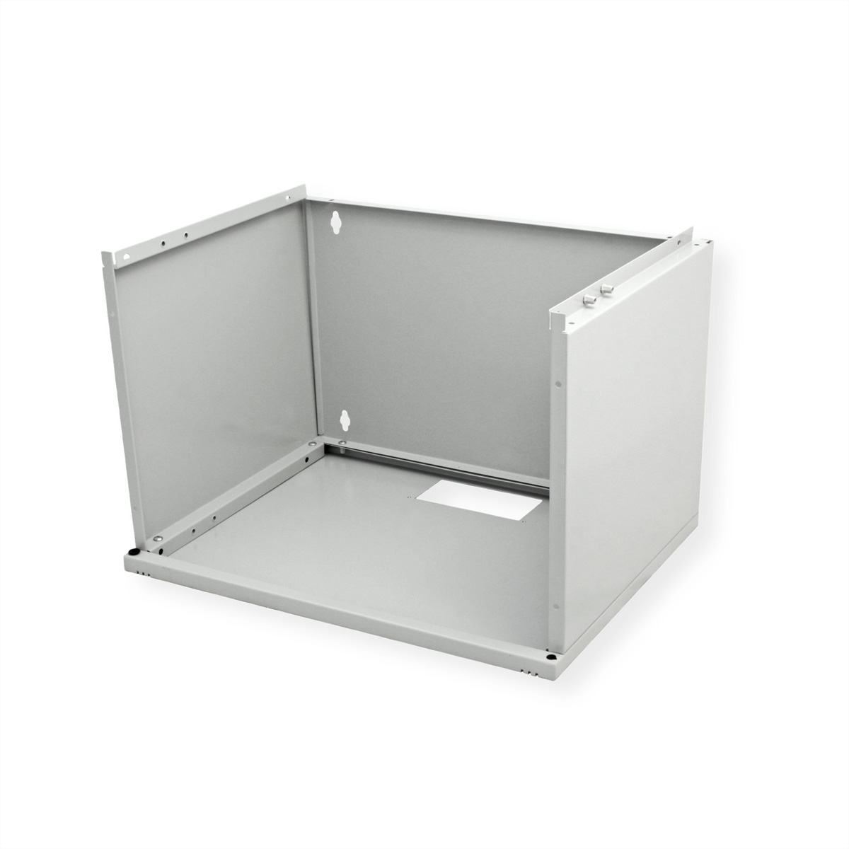 Un telaio di scatola in metallo aperto, verniciato di grigio, con un'apertura rettangolare, sfondo bianco.