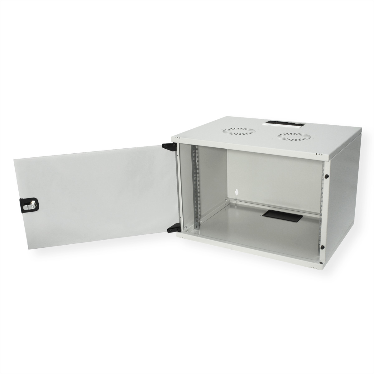 Un rack server bianco aperto con una porta a sinistra. Il rack è aperto, mostrando lo spazio interno.