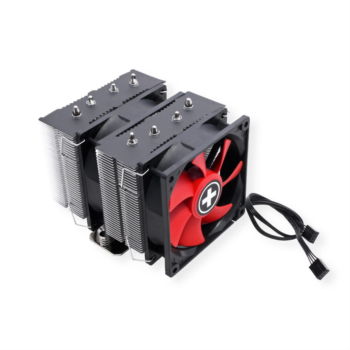Een PC CPU-koeler, bestaande uit meerdere aluminium vinnen en een rode ventilator. Zwart ventilatorframe en kabel.