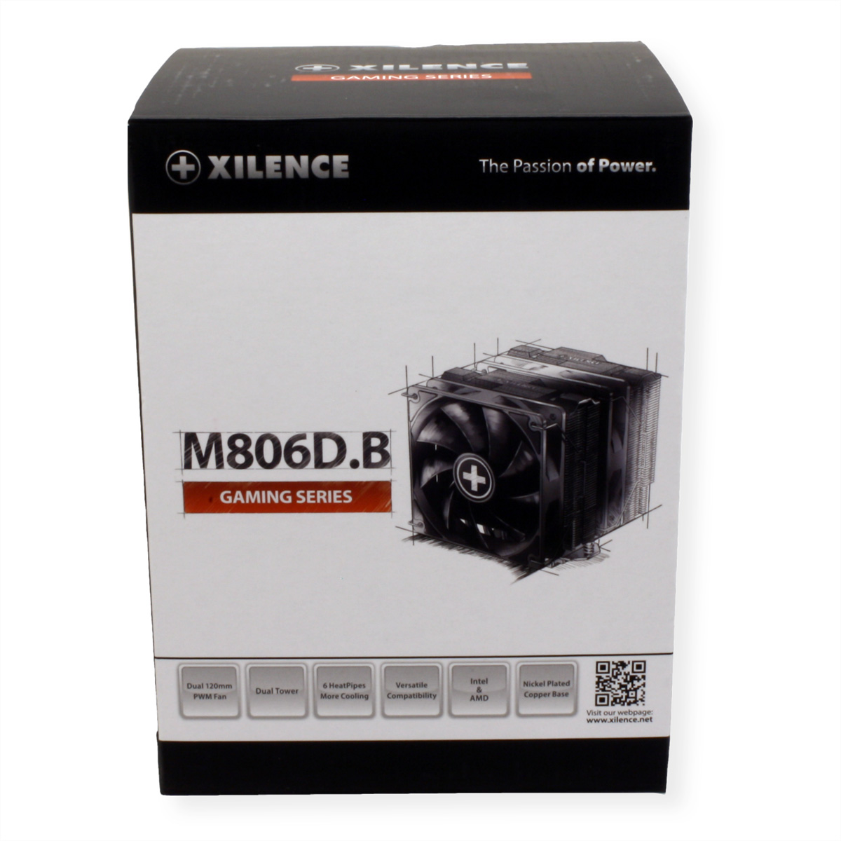 A box with a CPU cooler image, brand name 'Xilence' and product details.