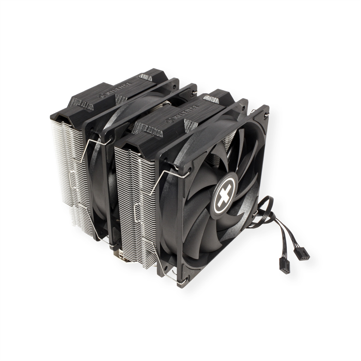 PC CPU cooler with two fans and aluminum fins. Black frame and white logo. Black cables are connected.