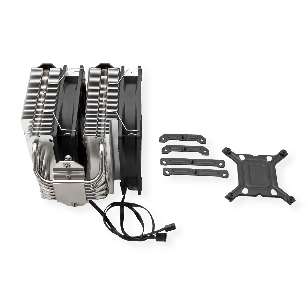 CPU cooler with two fans, heat pipes, and mounting hardware, on a white surface.