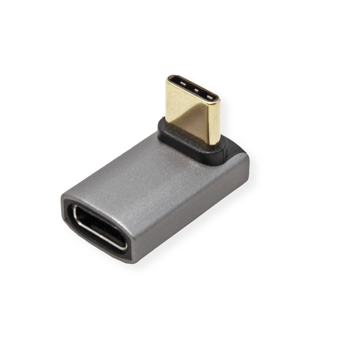 Adaptateur USB-C gris avec connecteur doré. L'adaptateur est coudé, le fond est blanc.