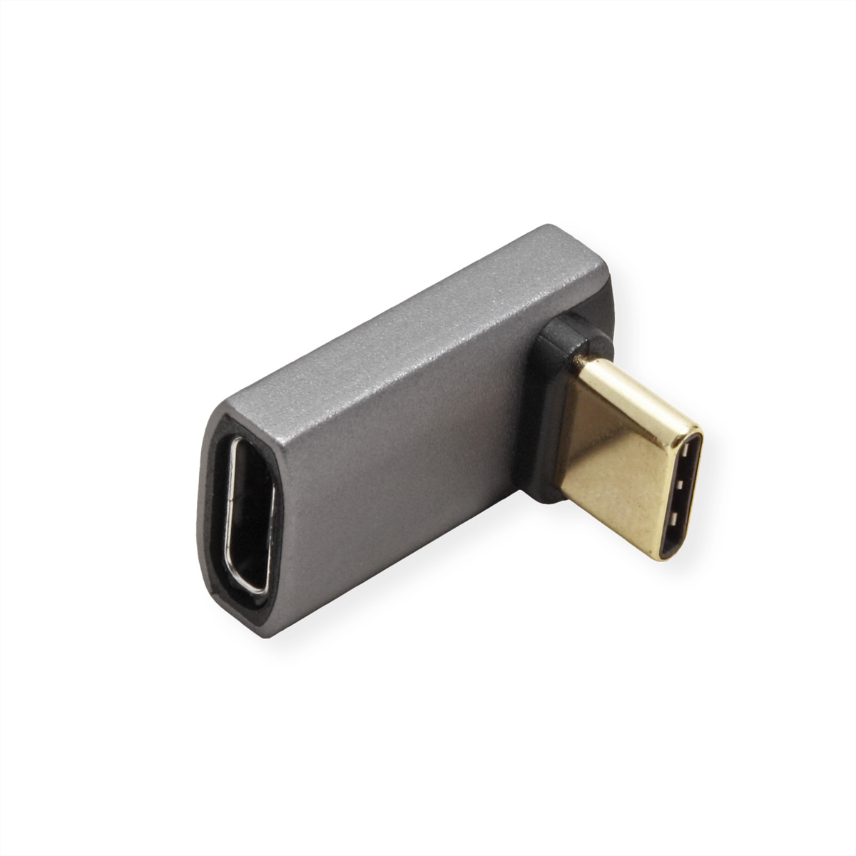 Adaptateur USB-C gris avec connecteur doré. L'adaptateur est coudé, le fond est blanc.