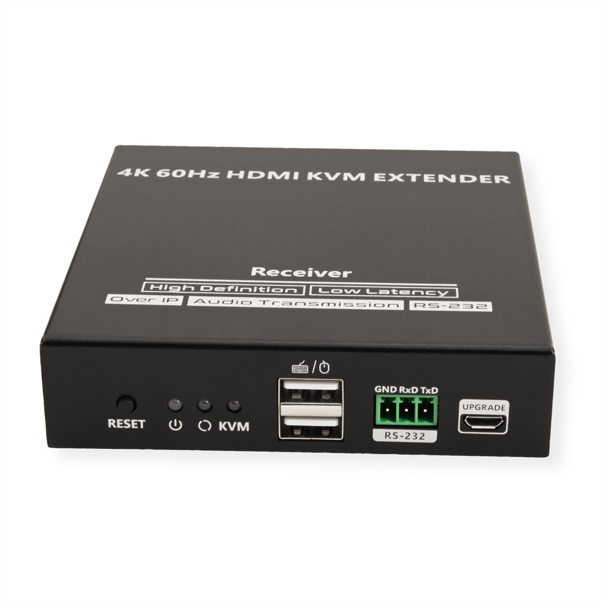 Appareil électronique noir avec ports et texte : '4K 60Hz HDMI KVM EXTENDER'.