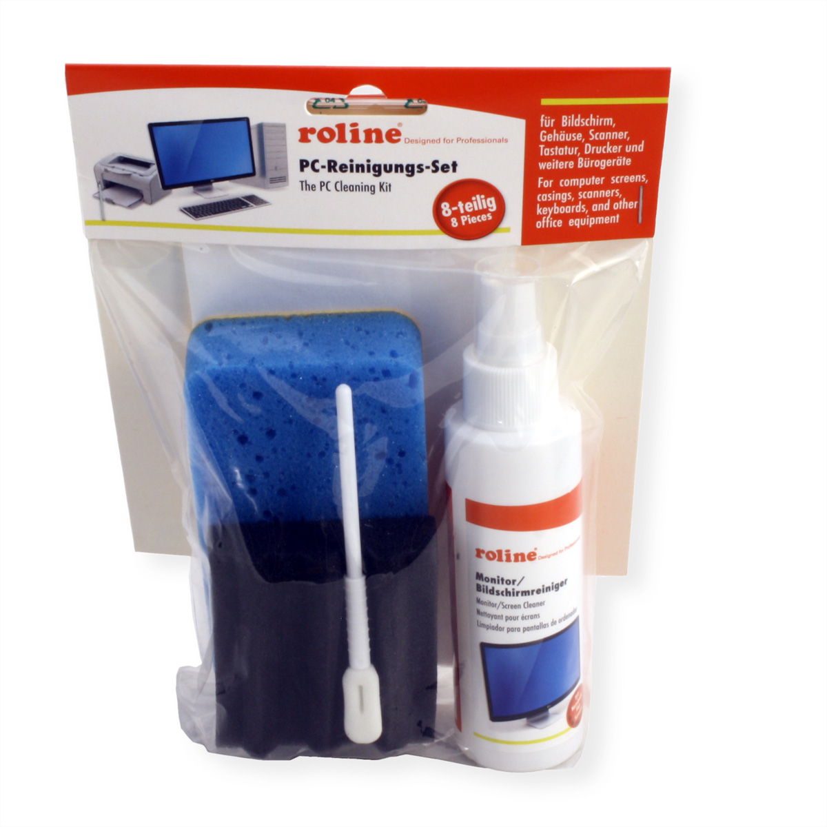 Zestaw czyszczący z gąbką i butelką płynu czyszczącego, na białym tle.