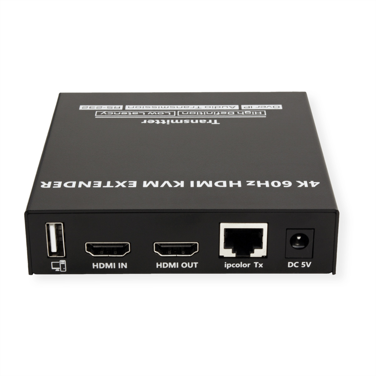 Appareil électronique noir, ports HDMI et texte : '4K 60Hz HDMI KVM EXTENDER'.