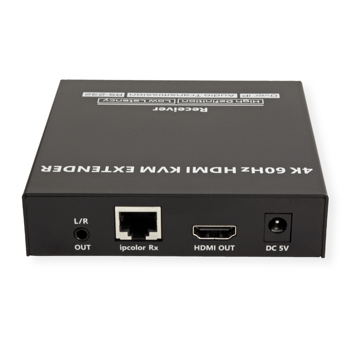 Récepteur d'extension KVM HDMI 4K noir. La boîte a des ports et du texte sur le panneau avant. Fond blanc.