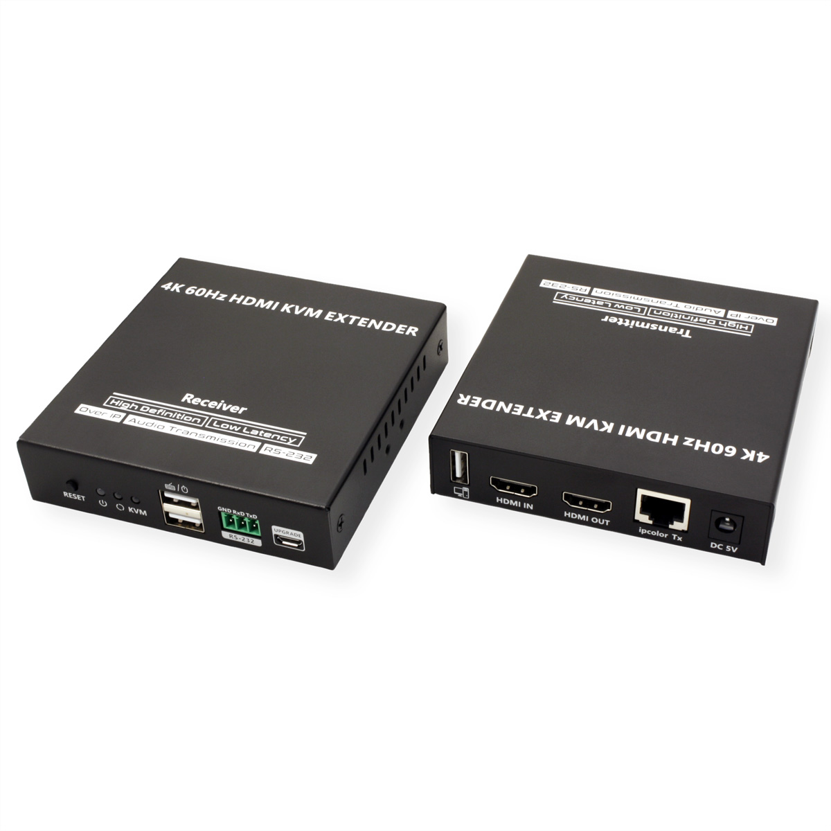 Deux appareils électroniques noirs, tous deux avec des ports et le texte : '4K 60Hz HDMI KVM EXTENDER'.