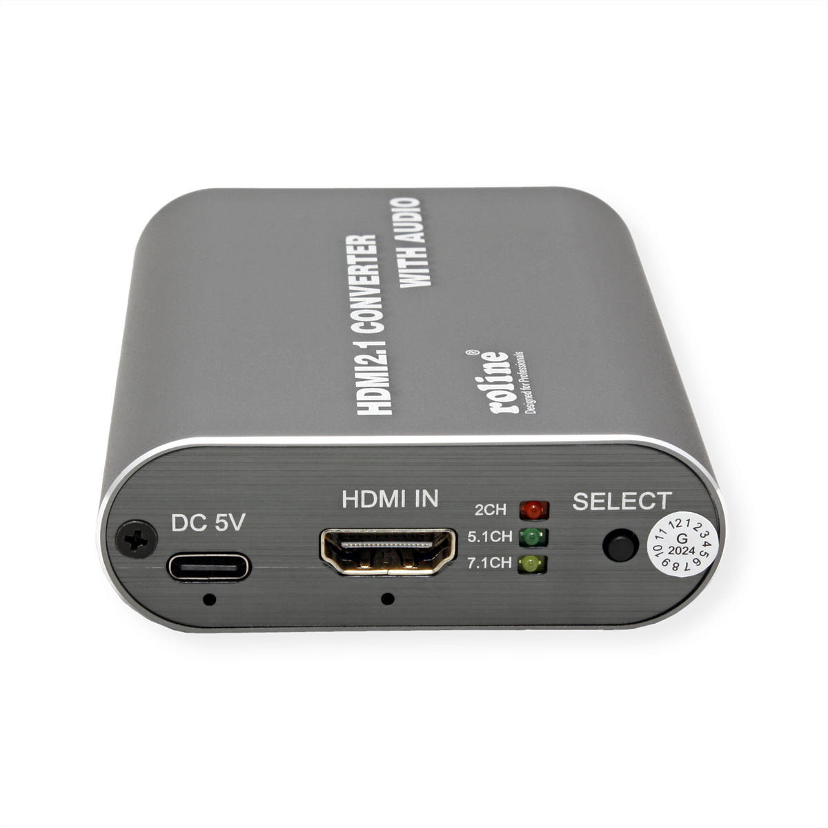HDMI 2.1 converter with audio. It has an HDMI in port, a 5V DC port, and audio channel indicators.