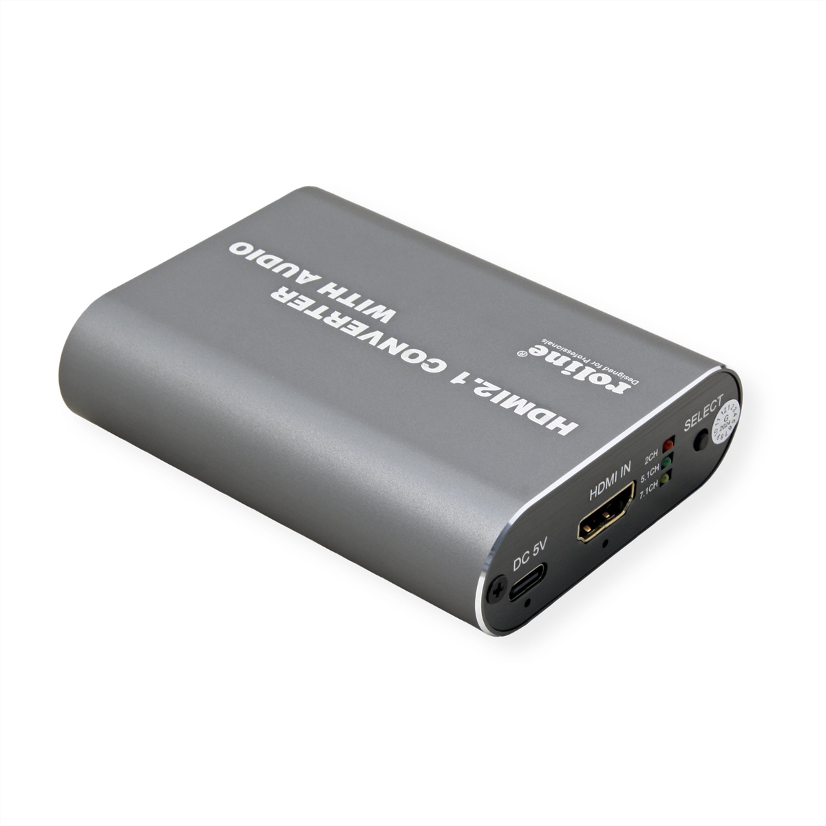 Gray HDMI 2.1 converter with audio. The device has ports and text on the front. White background.