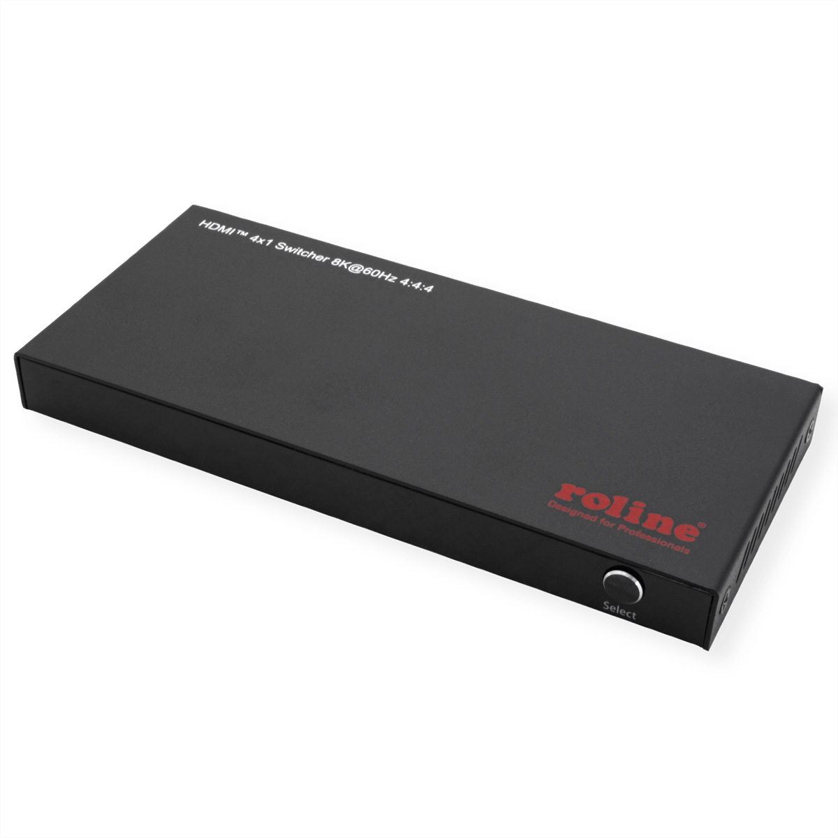 Black HDMI 4x1 switcher with select button and brand name. Model info displayed.