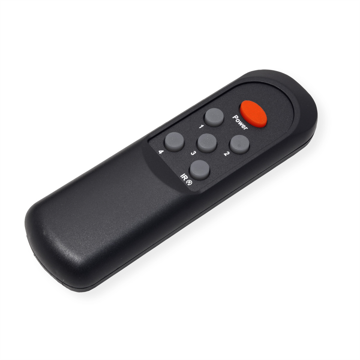 Black remote control with 5 buttons and an orange power button. Features IR® label.