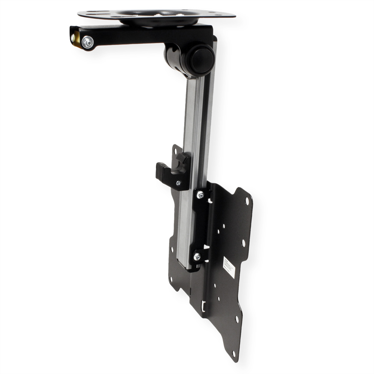 Schwarze TV-Halterung, von oben hängend. Sie hat einen verstellbaren Arm und eine Halterung für den Fernseher.