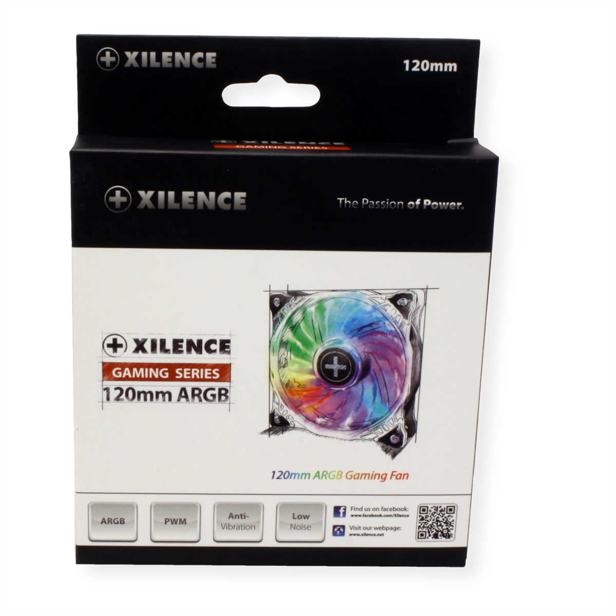 Box of a 120mm ARGB gaming fan. It has a colorful fan inside.
