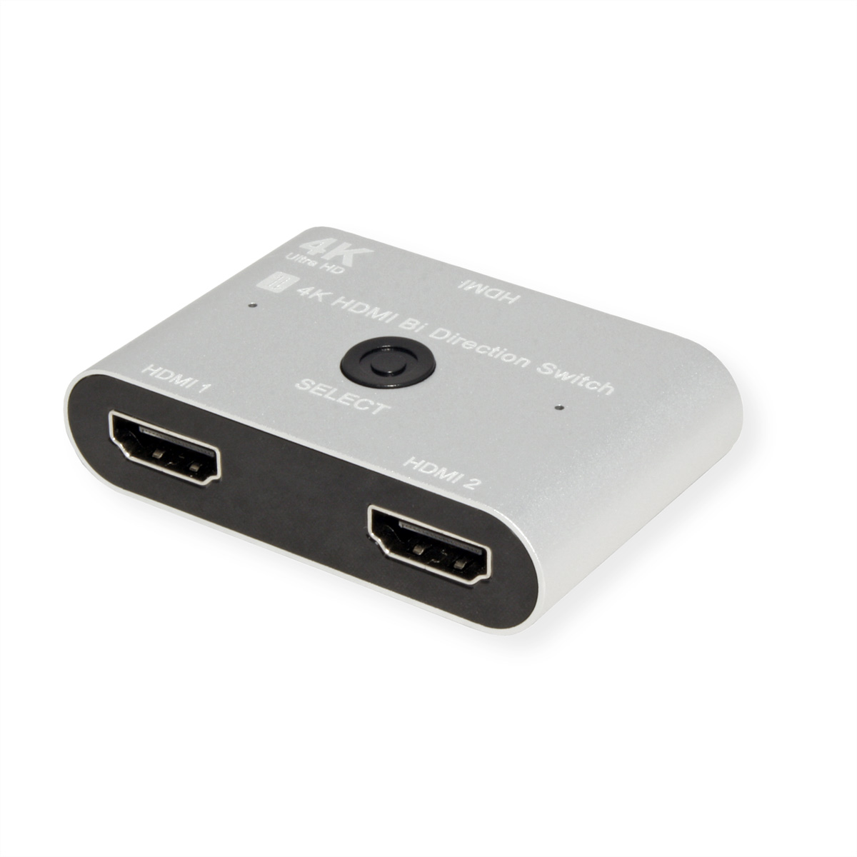 Commutateur HDMI argenté avec deux ports HDMI et un bouton de sélection.