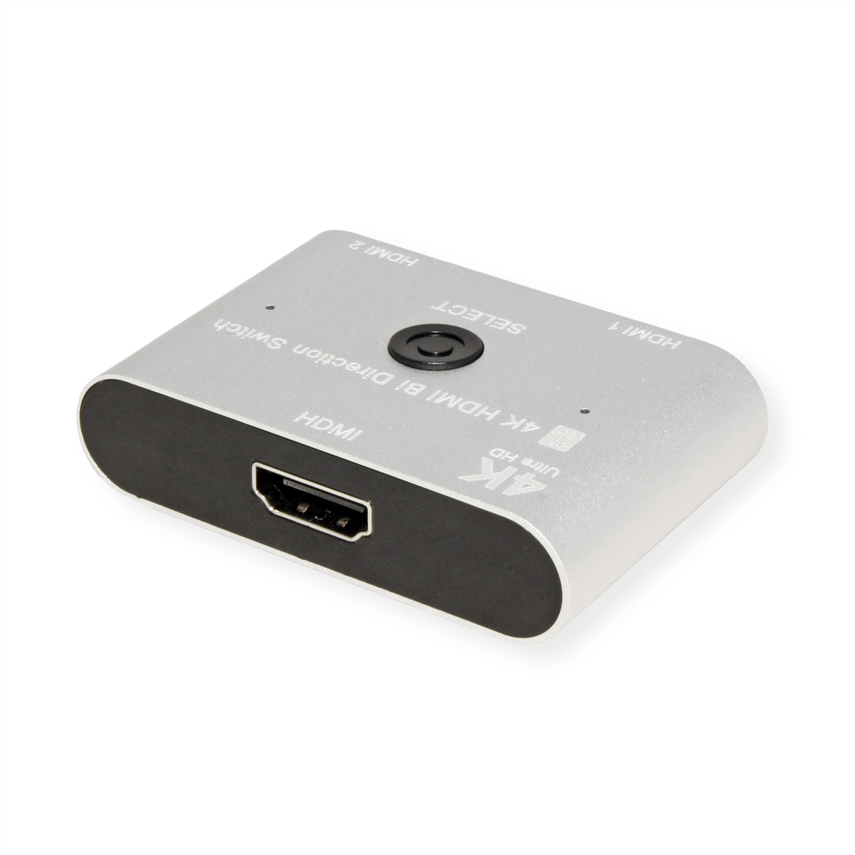 Commutateur de direction HDMI 8I 4K argenté. Comprend des ports HDMI, un bouton de sélection et une étiquette Ultra HD. Fond blanc.