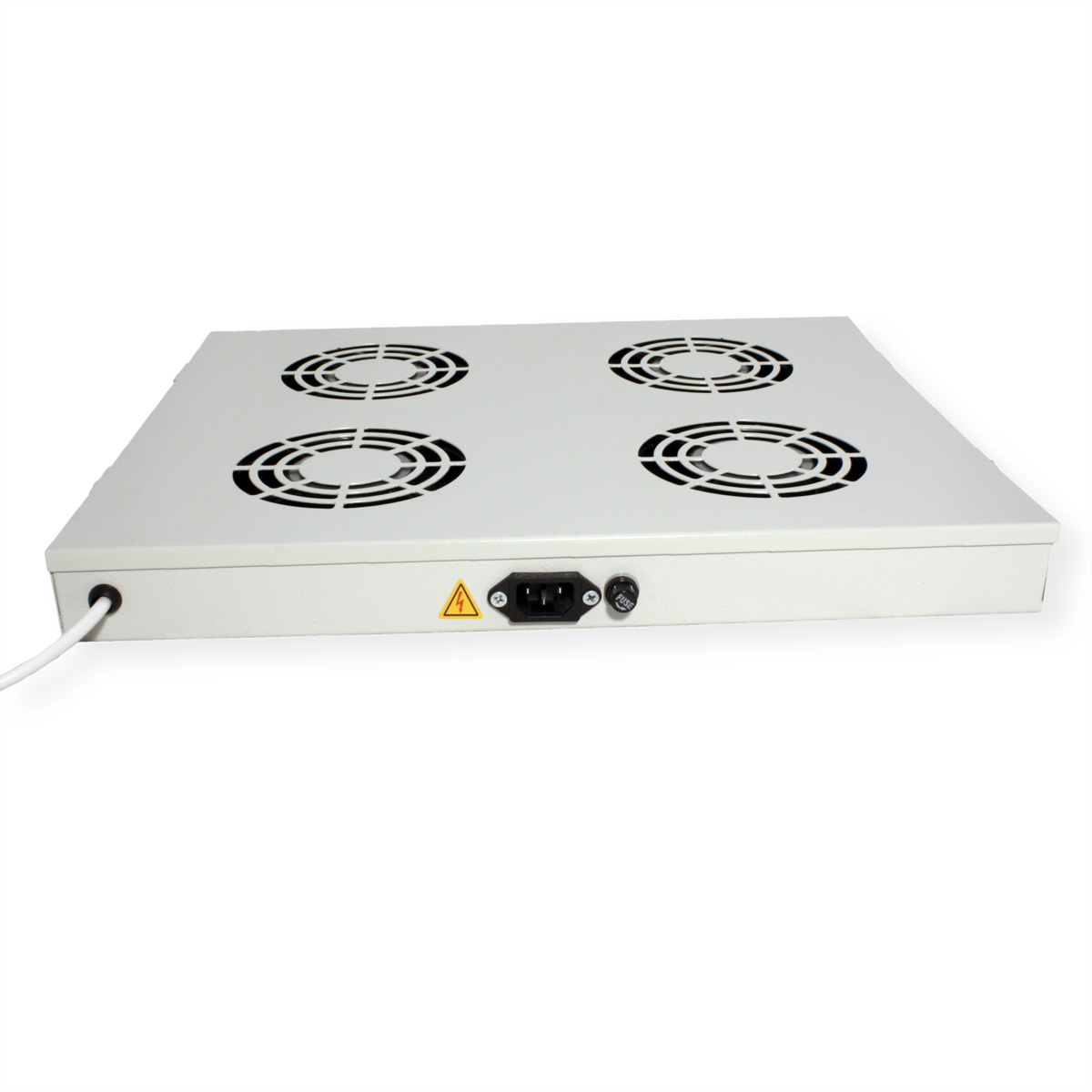 Un dispositivo elettronico bianco con quattro ventole circolari, ingresso di alimentazione e interruttore.