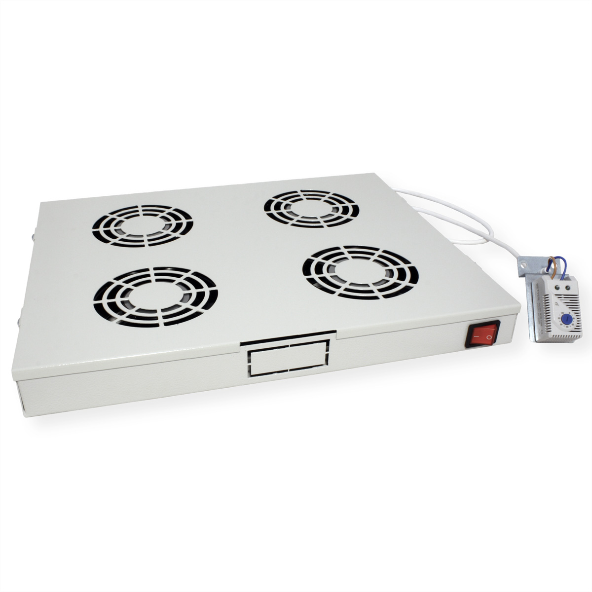 Un dispositivo elettronico bianco con quattro ventole circolari, interruttore e cavo di alimentazione, su sfondo bianco.