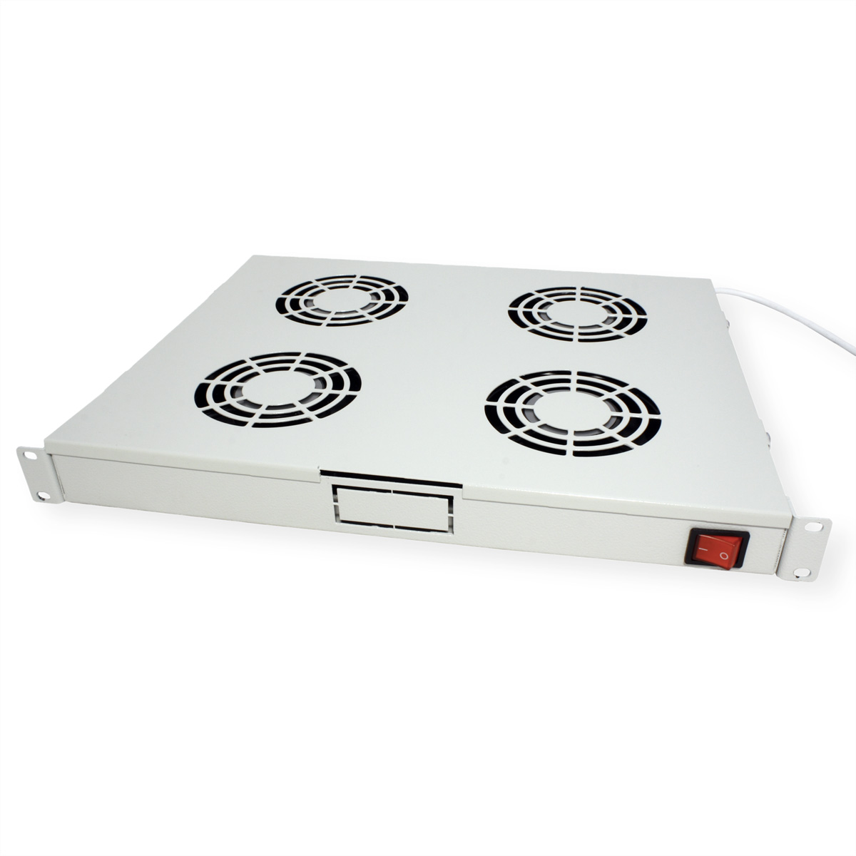 Un pannello ventola rack bianco con quattro ventole e un interruttore di alimentazione. Sfondo bianco.