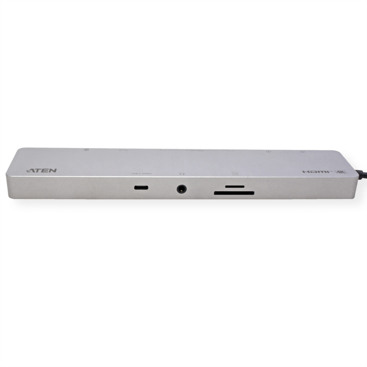 Station d'accueil ATEN argentée avec divers ports. Contient USB, HDMI et autres types de connexion. Fond blanc.
