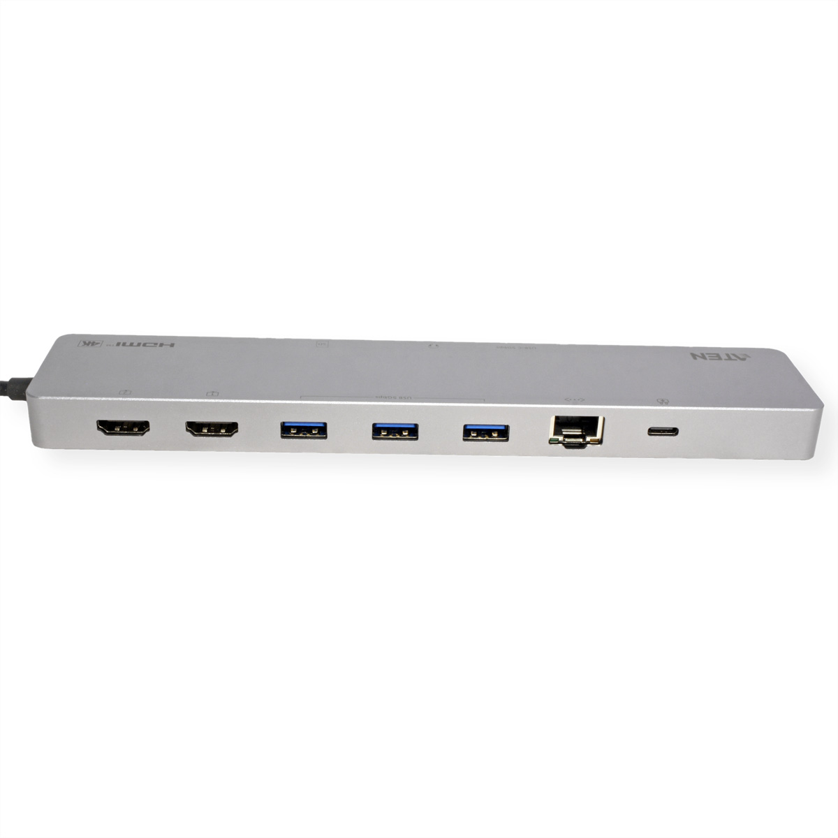 Station d'accueil ATEN argentée avec plusieurs ports, dont HDMI et USB. Fond blanc.