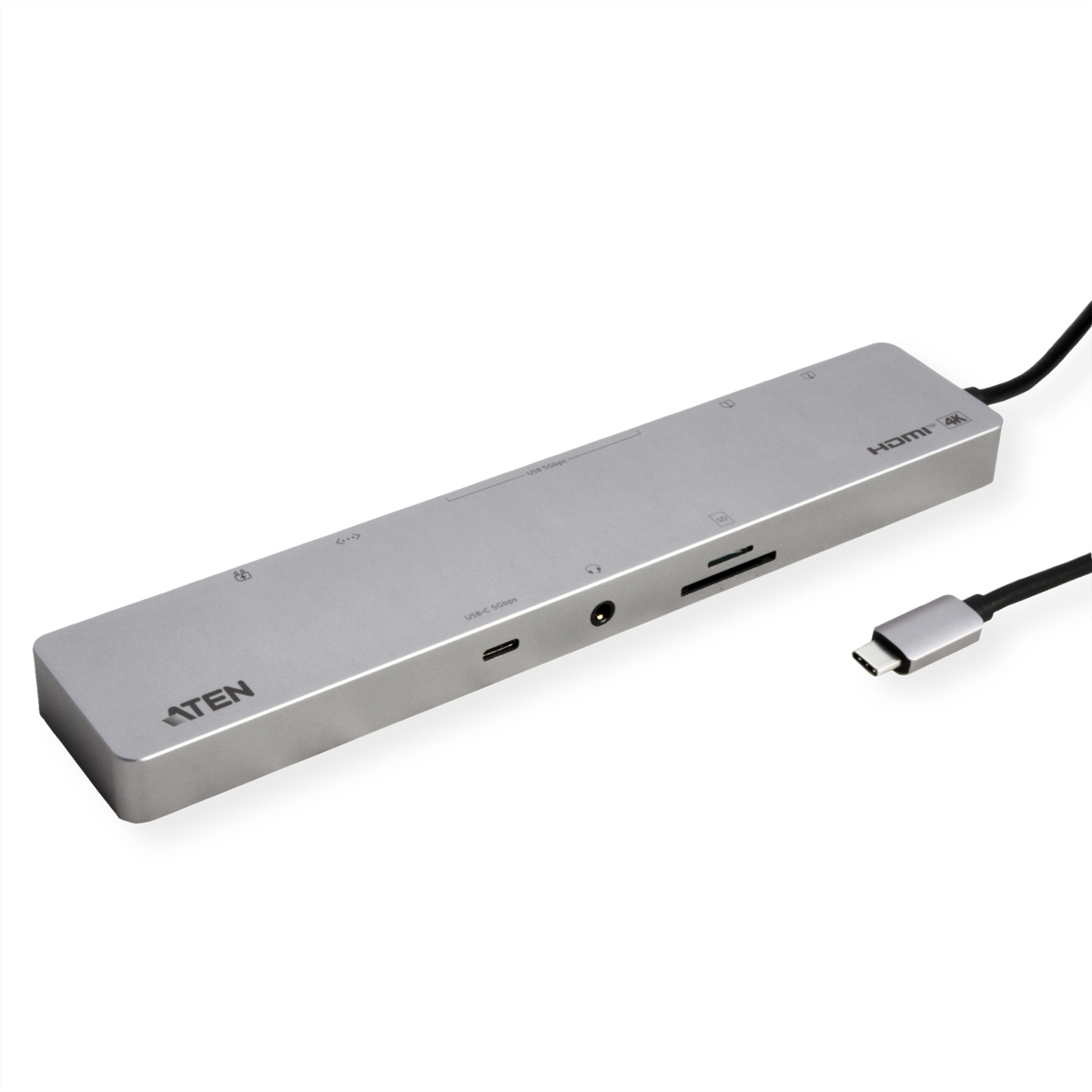 Appareil argenté avec ports, dont HDMI et USB-C, avec un câble USB-C connecté.
