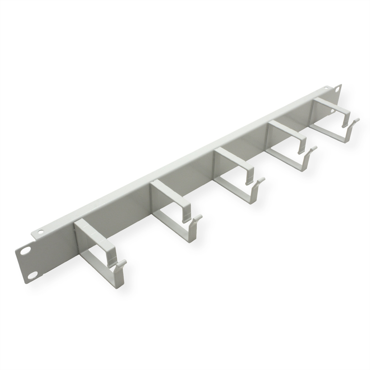 Rack metallico grigio con ganci per organizzare i cavi, sfondo bianco.