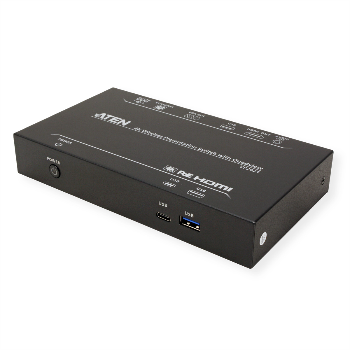 Black device with ports, buttons, and text. It says 4K Wireless Presentation Switch.