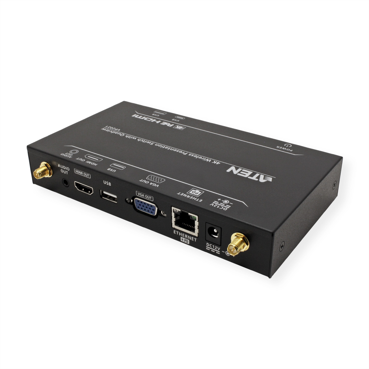 A black device with ports, buttons, and antennas; labeled 4K Wireless Presentation Switch.
