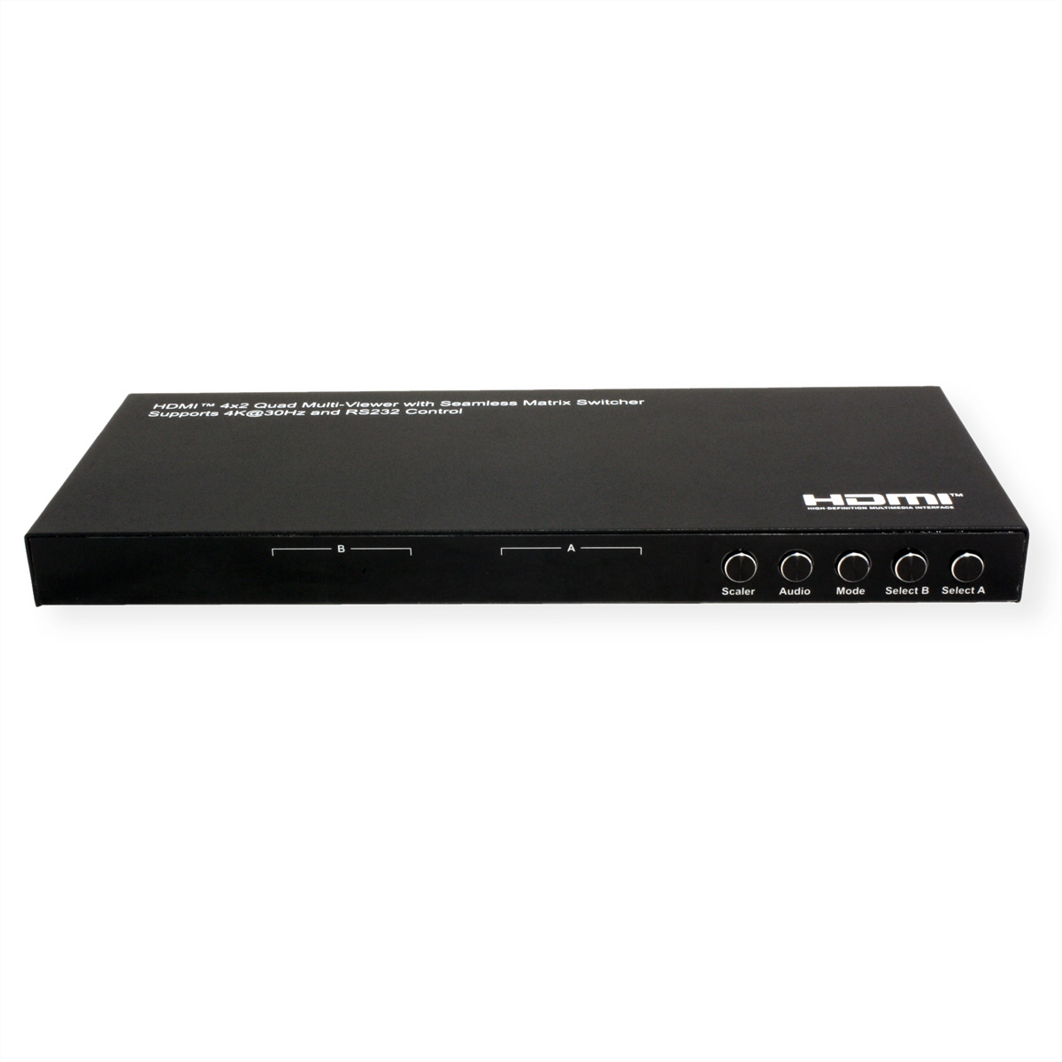 Black HDMI matrix switcher with buttons labeled Scaler, Audio, Mode, Select B, Select A. White background.