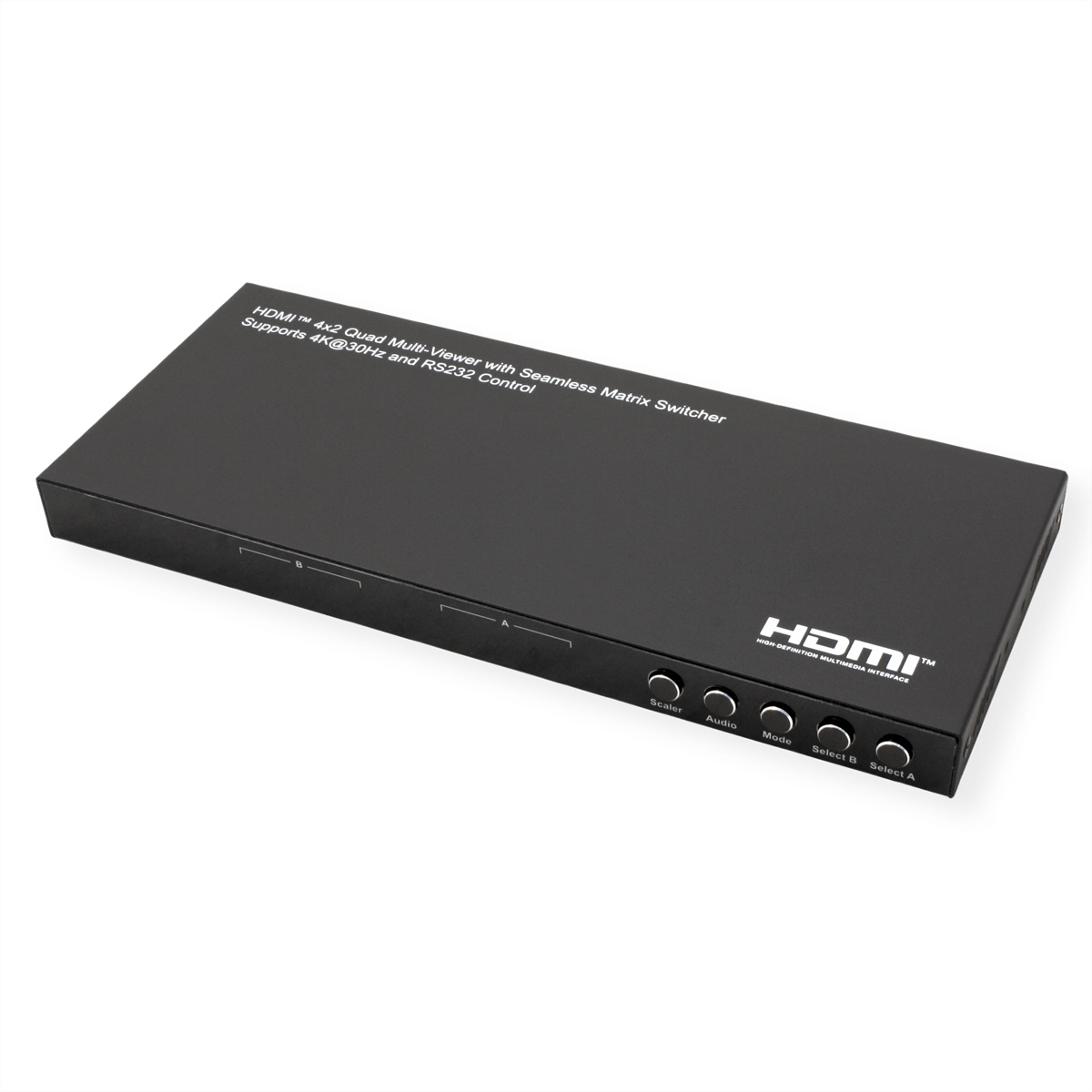 Black HDMI matrix switcher with buttons labeled Display, Audio, Mode, Select B, Select A. White background.