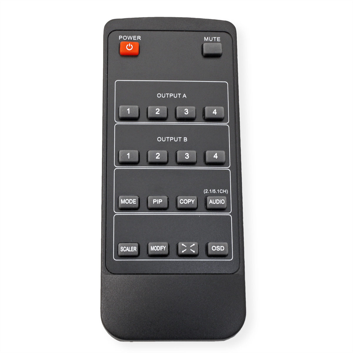 Black remote control with buttons labeled: Power, Mute, Output A, Output B, Mode, PIP, Copy, Audio.