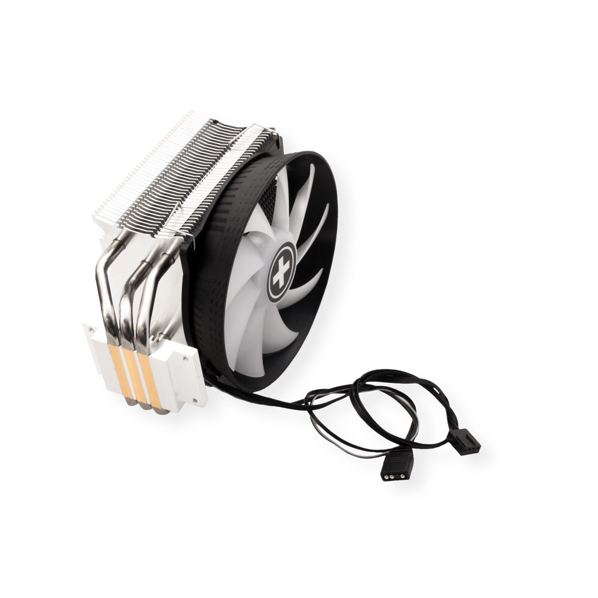 Refroidisseur d'ordinateur avec ventilateur, caloducs. Couleurs noir et blanc. Fond blanc.
