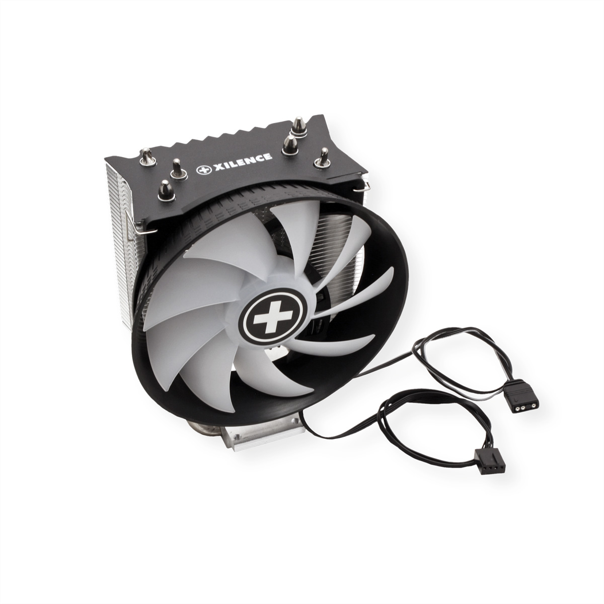 Refroidisseur d'ordinateur avec ventilateur, caloducs. Couleurs noir et blanc. Fond blanc.