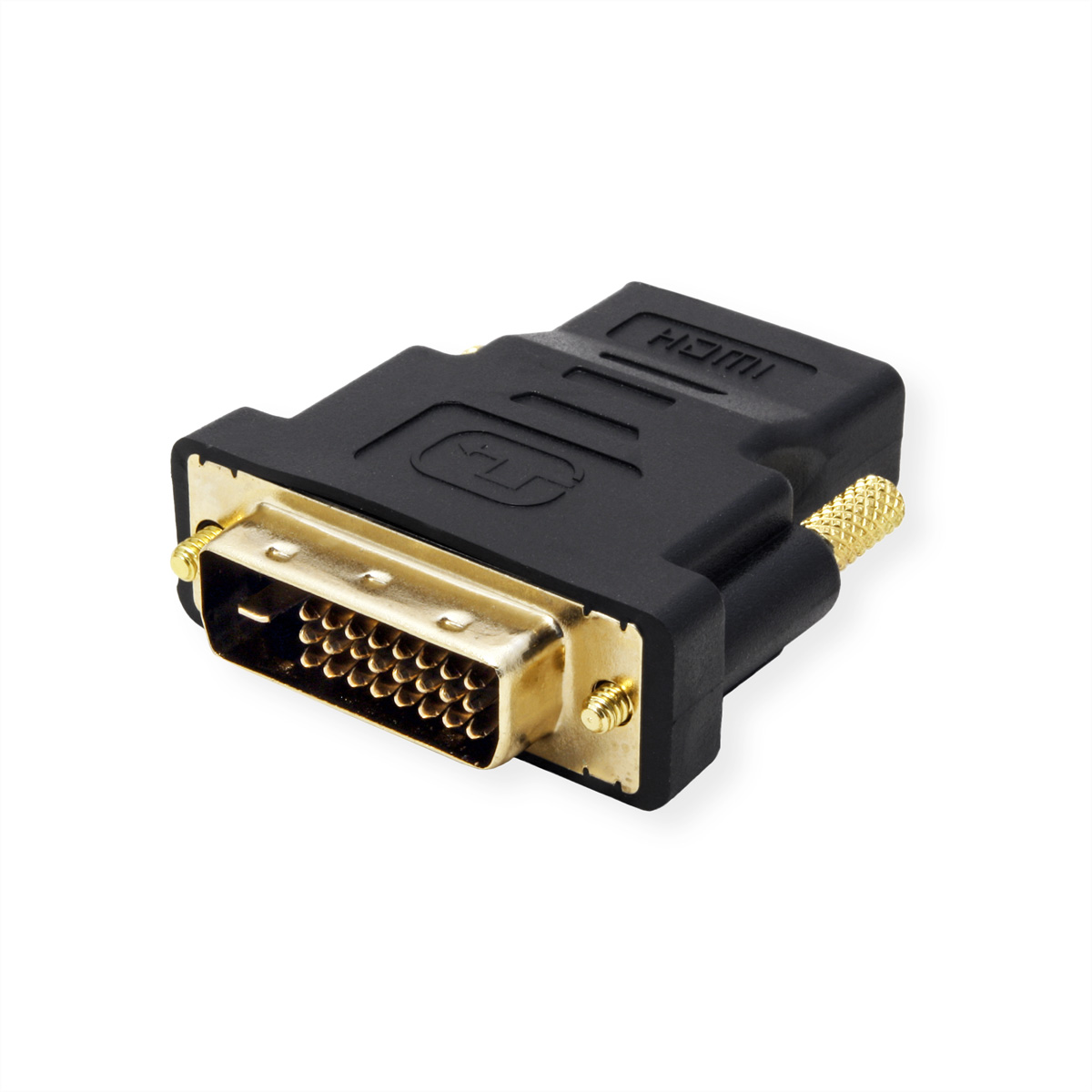 Schwarz-goldener HDMI-zu-DVI-Adapter. Abgewinkelt und auf weißem Hintergrund.