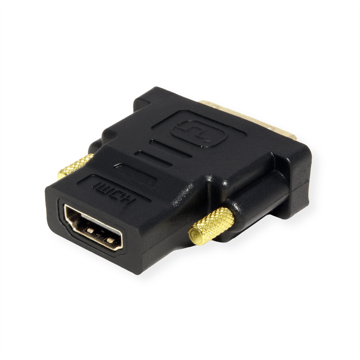 Schwarzer HDMI-zu-DVI-Adapter mit goldenen Anschlüssen. Weißer Hintergrund.