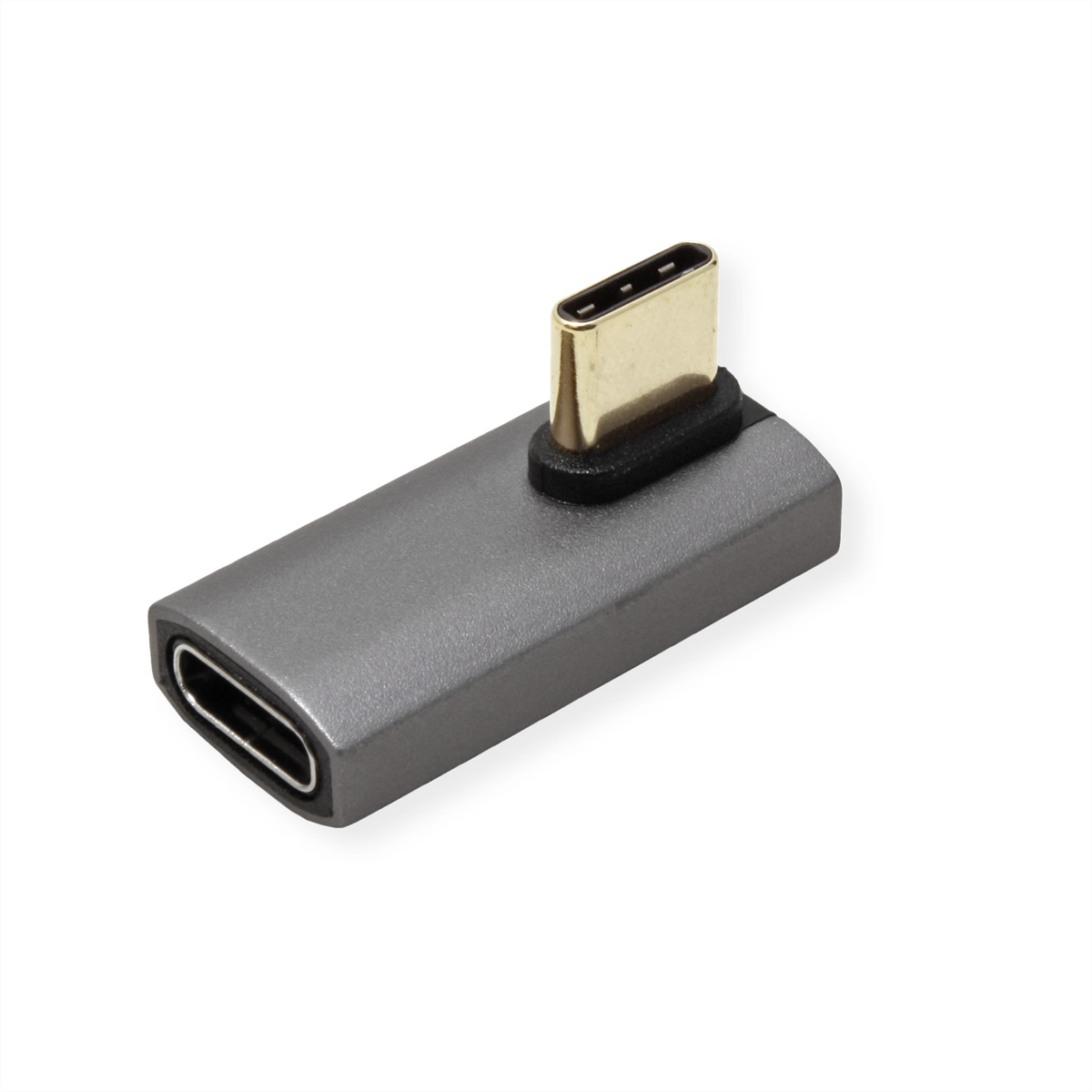 Un adaptateur USB-C gris avec un connecteur doré est présenté sur un fond blanc.