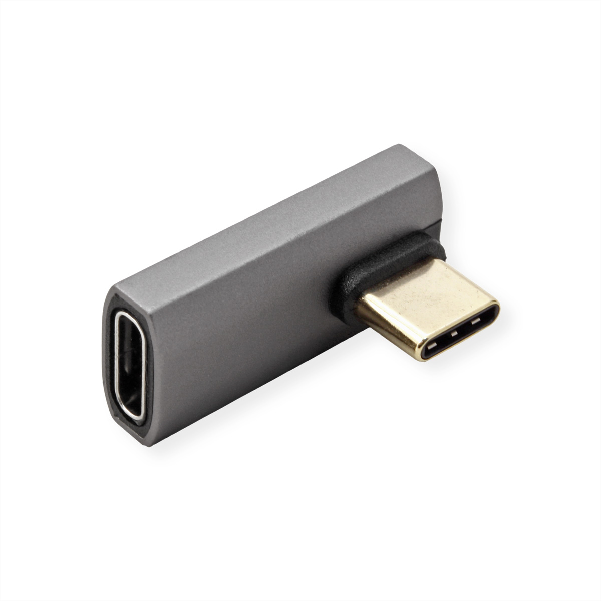 Adaptateur USB-C gris avec port et connecteur USB-C sur fond blanc.