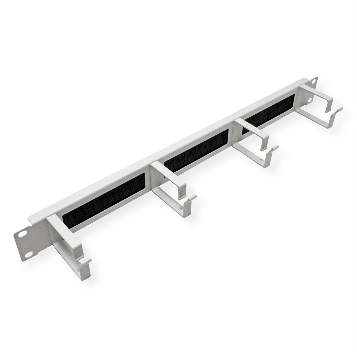 Rackmount bianco con ganci per cavi e spazzole su sfondo bianco.