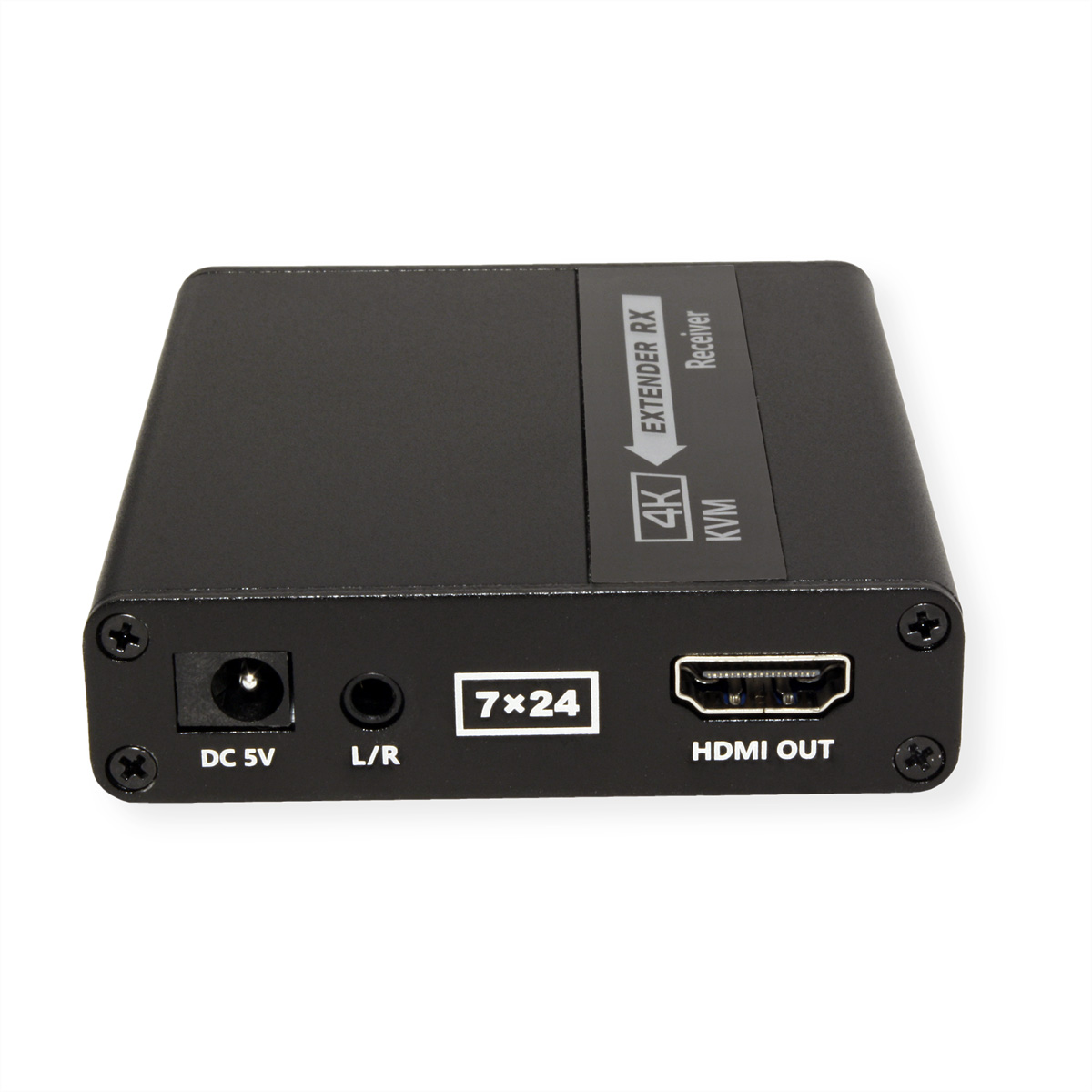 Récepteur d'extension HDMI 4K noir avec ports et étiquettes. Fond blanc.
