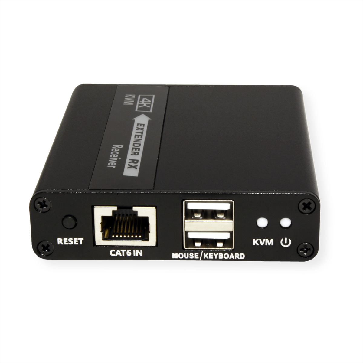 Récepteur d'extension KVM noir avec Ethernet, USB et autres ports. Fond blanc.