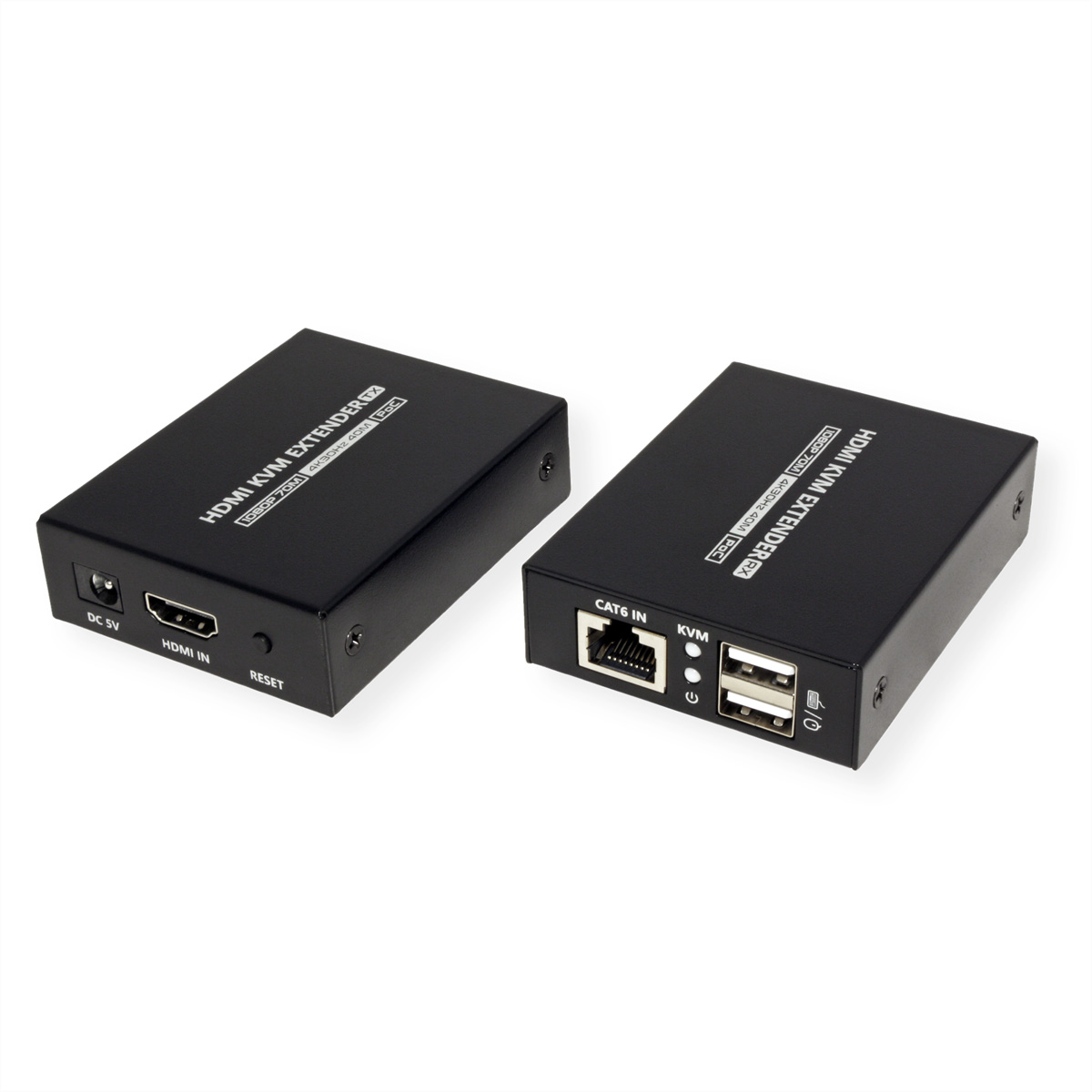 Deux extenseurs HDMI KVM noirs côte à côte sur fond blanc.