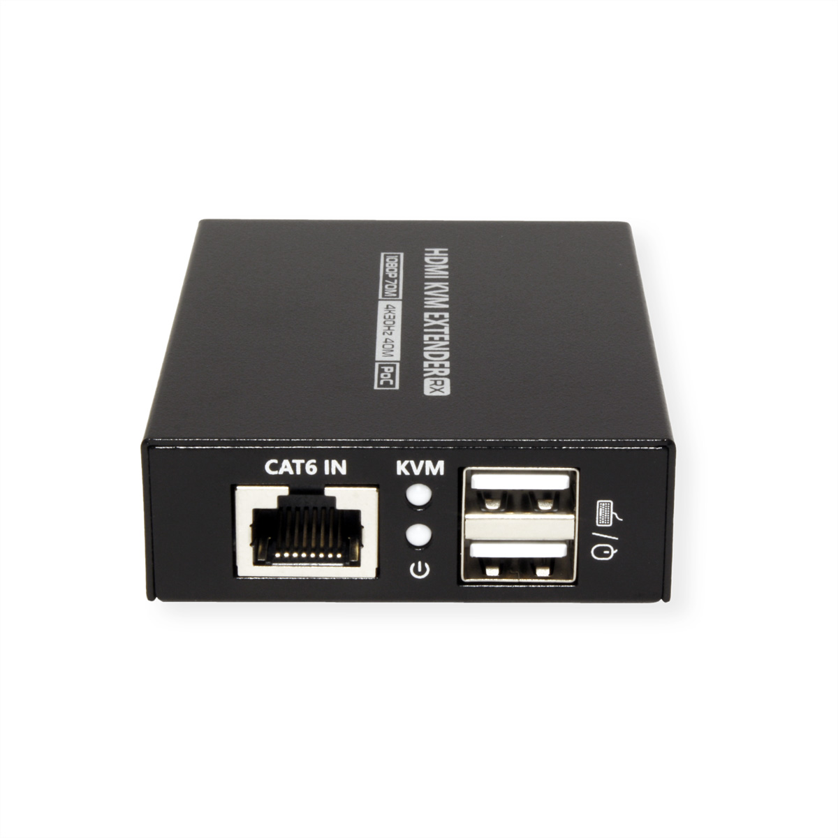 Extenseur HDMI KVM noir avec ports et fond blanc.